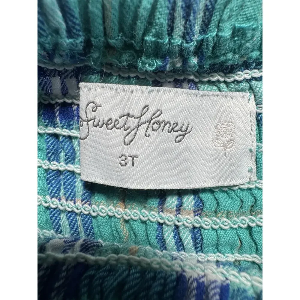 SweetHoney Plaid Smocked Girls Jumpsuit Romper 3T Green Blue 100% Cotton